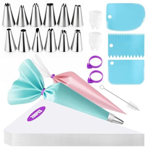 220PCS 12-Inch Disposable Piping Bags, 12 piping nozzles + 200 piping bags + silicone piping bag + 3 spatulas + brush + 2 ties + 2 nozzle adapters, Ideal for Frosting Decorating Cakes and Cookieses