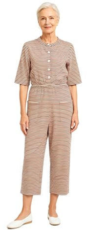 renvena Dam sovoverall i ett stycke kortärmad sparkdräkt randigt mönster pyjamas nattkläder sommar vardagskläder, kaki, L