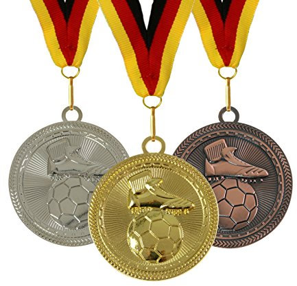 pokalspezialist 3 x 10 Stück 7 cm extra große Medaille Fußball je 10 x Gold, Silber, Bronze inklusive Band