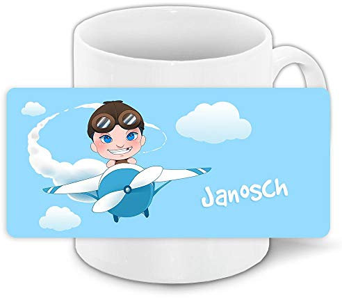 Tasse mit Namen Janosch und Motiv mit Flugzeug und Pilot für Jungen | Keramik-Tasse | Kinder-Tasse