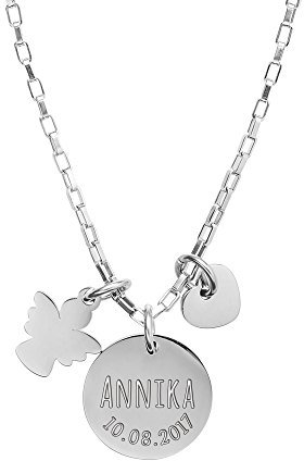 Gravado Mondgold Kette aus Edelstahl mit 3 Anhängern, Kreis Herz Engel, Personalisiert mit Namen und Datum, inkl. Geschenkbox, Mädchen Schmuck, Länge 50 cm