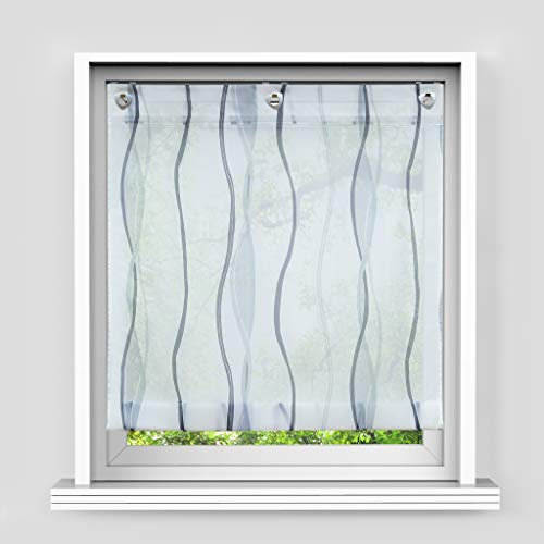 HongYa Raffrollo mit Wellen Druck Transparenter Voile Raffgardine Vorhang mit HakenösenH/B 140/120 cm Weiß Silber