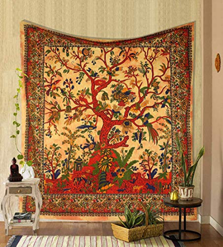 THE ART BOX Wandteppich Gelber Baum des Lebens Wandbehang Psychedelische Wandteppiche Indische Baumwolle Twin Tagesdecke Picknickplatte Wanddekor Decke Wandkunst (Voll, 85x90 Zoll)