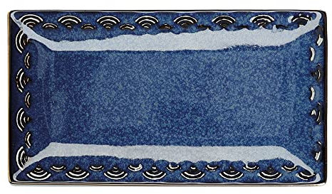 Mikasa Satori Japanese Serving Platter with Wave Pattern Border and Real Gold Rim, Porcelain, Indigo Blue/White, 15.5 x 28 cm