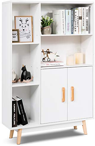 COSTWAY Bibliothèque Armoire de Rangement au Sol avec Cube de Rangement, Inclus Endroit de Rangement Caché avec 2 Portes, Idéal pour Salon, Chambre, Entrée Etc.