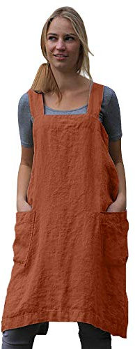 Quadratische Schürze für Damen, zum Backen, Kochen, Gartenarbeit, gekreuzter Rücken, Baumwoll-Leinen-Mischgewebe, Kleid mit 2 Taschen, Orange, Größe XXL