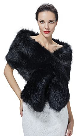 BEAUTELICATE Kunstpelz Schal Stola Bolero Damen Brautschal Wrap Jacke Mantel Winter Hochzeit Gatsby 1920er Jahre Kostüm (Schwarz mit Loch, Einheitsgröße)
