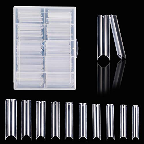 FANTESI 200 Pcs Extra Long Straight Square Nail Tips, Clear C Curve Full Cover Acrylic Fake Nails for Artificial Nail Tips Salons & DIY Nail Art