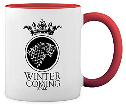 Winter Is Coming Stark Crown Wolf Weiße Tasse Mug mit roten Felgen und Griff