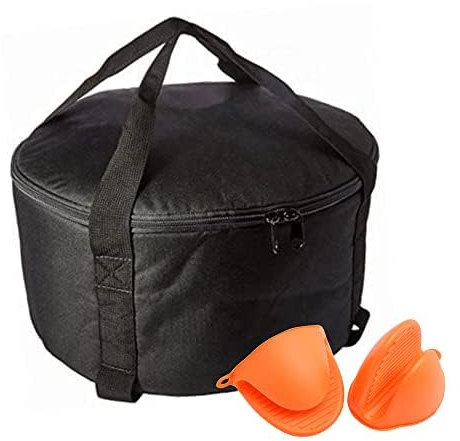 Strikento Dutch Oven Carry Bag 12” | Cast Iron Pot Stand | Cast Iron Cookware Camping Tote Bag | Camp Chef Bag with Silicone Cooking Mitts (Black, 12 inch)