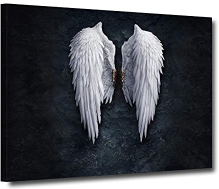 ZHONGYUTONG Engelsflügel Leinwand Gerahmt Weiße Flügel Feder auf Schwarzem Hintergrund Bild Gemälde Glamouröse Wanddekoration für Schlafzimmer Wohnzimmer (30x45cm)