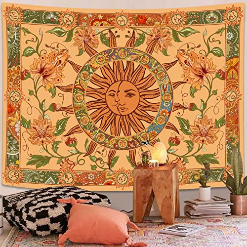 Kanuyee Gelbe Sonne und Mond, Wandteppich, Vintage, indisch, Boho, Wandbehang mit Sonnenblumen, Konstellation, ästhetische Wandteppiche für Raumdekoration (152.4 cm hoch × 202.4 cm breit)
