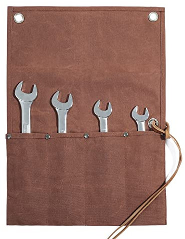 Waxed Canvas Wrench/Tool Roll Pouch with 4 Pockets, Multi-Purpose Tool Roll Up Bag (Brown)