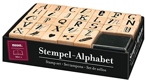 moses. libri_x Stempel-Alphabet – 32-teiliges Stempel-Set aus Holz, Buchstaben & Schmuckmotive für DIY-Projekte, Briefe, Geschenke & Co., Mit Stempelk, 83384, Schwarze Stempeltinte, Normal