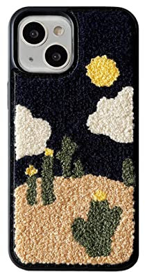 Cartoon Embroidered Stitched Cactus Phone Case Compatible with iPhone 13 for Women Girl Fluffy Embroidery Floral Full Body Protective Case for iPhone 13 6.1 inch(Cute Cactus