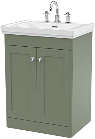 nuie CLC825B Classique Traditional Bathroom Floor Standing 2 Door Vanity Basin Unit with 3 Tap Hole Fireclay Basin, 600mm, Satin Green