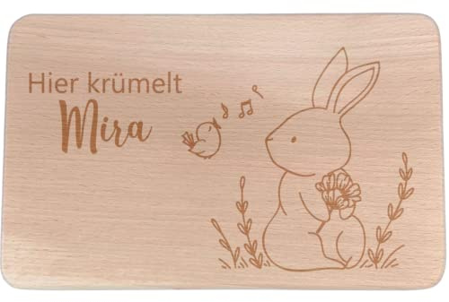 Personalisiertes Frühstücksbrettchen mit Namen I Holz Brettchen/Brotzeitbrettchen I Hase Vogel Motiv Graviert I Geschenk für Kinder