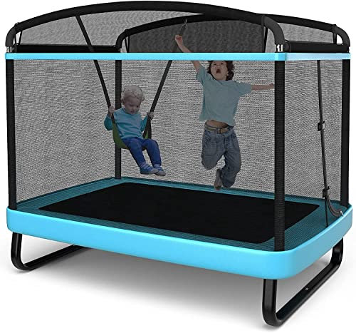 6FT Kids Trampoline with Swing, Rectangle Recreational Trampoline with Enclosure Safety Net, Indoor Outdoor Baby Toddler Play Combo Bounce, Birthday Gift for Boy & Girl (Blue)