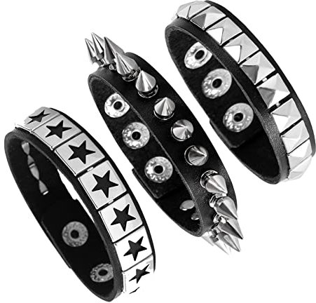 Eigso 3 Pezzi Stella Punk Rock Rivetto Unghie Set di Bracciale Uomo Donna Retro Vintage Classico Polsino in Pelle PU