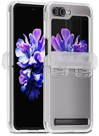 [Whitestone Escudo Armored Case for Samsung Z Flip 5 Made of PC Material, Hinge Protection Designed with Kickstand & Ultimate fit Phone Cover for Samsung Z Flip 5 in Black & Clear (Clear)