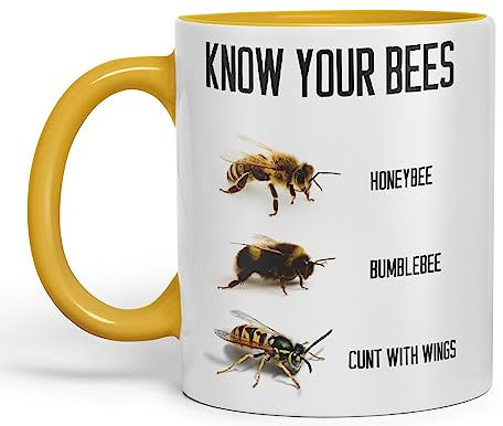 Vixar Know Your Bees Rude Funny Ceramic 330 ml Coloured Mug Cup Gift Tea Coffee Christmas Office Home Joke (G Yellow)