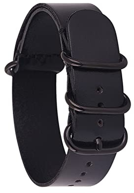 BONOOL Lederarmband für Herren und Damen, silberfarben, schwarz, Ringschnalle, Armband, Bandzubehör, 14 mm, 16, 18 mm, 20 mm, 22 mm, 24 mm, passend für NATO, passend für Zulu-Uhrenarmband