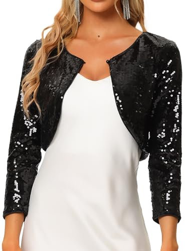 Allegra K Damen Pailletten Jacke Bolero Glitzernde Party Langarm Shrug Cardigan mit Offener Vorderseite Schwarz XS