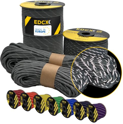 EdcX Reflective Paracord 550 4mm, 13 Colors, Hi-Vis (15m, 30m, 50m) | Reflective Dark Gray, 50 m – 100% Nylon 4mm, Type III 7 strand | Night Visibility, Camping, Guy Lines | Made in EU