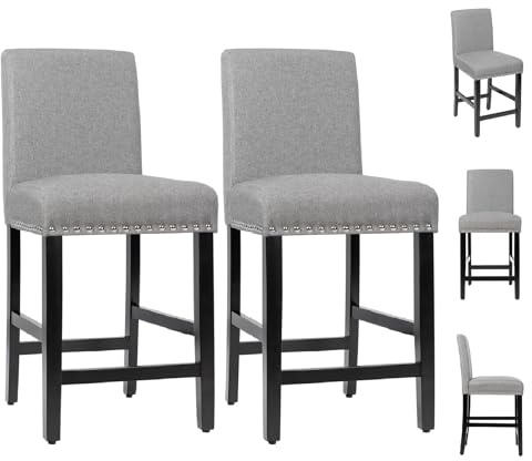 RELAX4LIFE Lot de 2 Tabouret de Bar, Chaise de Salle à Manger avec Dossier & Siège Rembourrés, Pieds en Bois d’Hévéa Massif, Repose-Pieds, pour Cuisine Bar Comptoir, Assise 64 CM, Gris Foncé