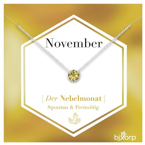Bixorp Geburtsstein Halskette mit Zirkonia-Anhänger November - Edelstahlkette mit rundem Zirkonia-Kristall - November/Citrin - Silber