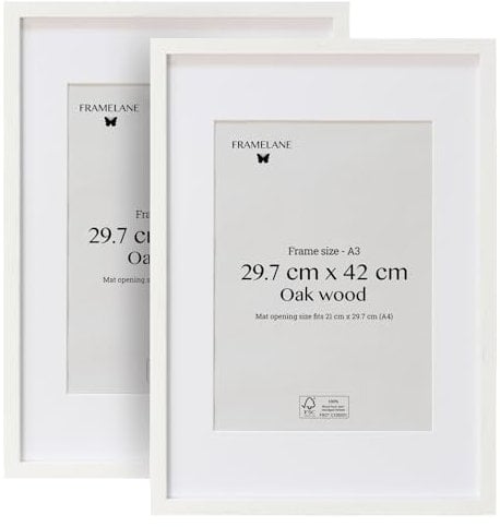 Framelane Set of 2 Bilderrahmen A3 Weiß - FSC-Zertifizierter Holzbilderrahmen mit Passepartout - Bilderrahmen mit Kratzfestem & Bruchsicherem Acrylglas - Hochformat & Querformat Wandmontage