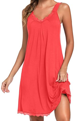 Uniexcosm Camisón de Mujer Algodon Camisones Mujer Sexy sin Manga Camisón con Tirantes Antideslizantes Cuello en V Ropa de Dormir Vestido Ligero y Suave para Hogar