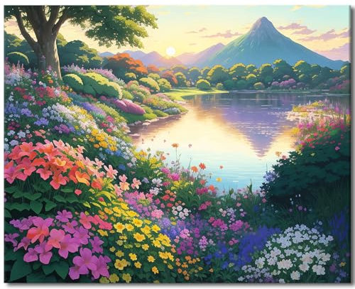 TISHIRON Bäume und Blumen Malen nach Zahlen für Erwachsene, Schönes Landschaft und Meerblick Malerei, DIY Digitales Ölgemälde Kits auf Leinwand mit Pinseln und Acrylpigment 40x50cm