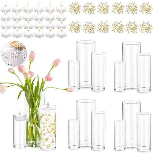 Glasvasen für Tafelaufsätze mit 24 weißen schwimmenden Kerzen, 80.000 Wasserperlen, 12 Perlenschnur, Tischdekoration für Hochzeit, Party, Heimdekoration, 15,2 cm, 20,3 cm, 25,4 cm, 12 Stück