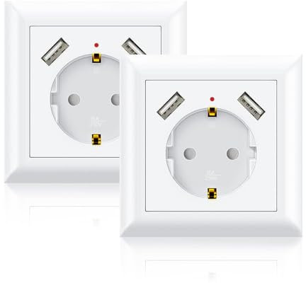 Lot de 2 prises murales Schuko avec 2 ports USB - Prise murale encastrée - Compatible avec prise encastrée standard - 2 ports USB 2,8 A - Compatible avec prise encastrée standard - Chargement de