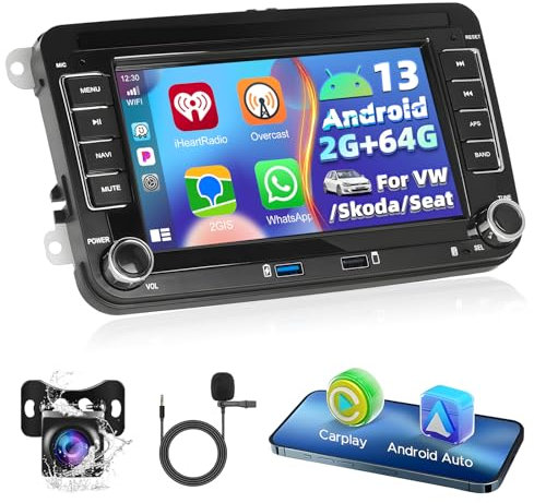 2+64G Podofo Carplay Autoradio für VW Golf 5 Touran Passat Polo Skoda Caddy Seat, 7 Touchscreen Android Car Stereo mit Wireless Android Auto/Bluetooth/Navi/WiFi/FM/RDS/SWC/Canbus/EQ+AHD Kamera