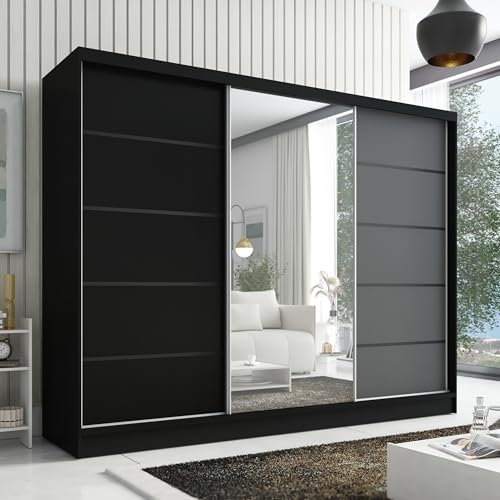 A&J MöbelLand Schwebetürenschrank Aurelia 2 Kleiderschrank 3-türig mit Schubladen, und Spiegel, Garderobe 200 cm (Schwarz/Eiche Kraft Gold/schwarz)