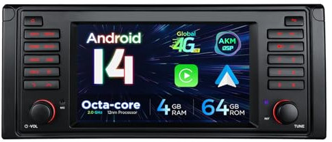 XTRONS 7 Zoll Android 14 Autoradio Car Stereo Multimedia Player Octa Core 4GB 64GB für BMW E39 M5 Eingebautes 4G LTE Car Play Android Auto AKM DSP GPS Bluetooth 5.0 WiFi Optional DAB OBD TPMS DVR