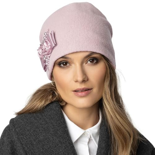VIVISENCE Damen Wintermütze Aus Wolle Warm Und Gemütlich Elegante Herbst Beanie Mütze Mit Gummiband Für Perfekten Sitz Ideal Für Kalte Wintertage Modell 7080, Puder Rosa,Einheitsgröße