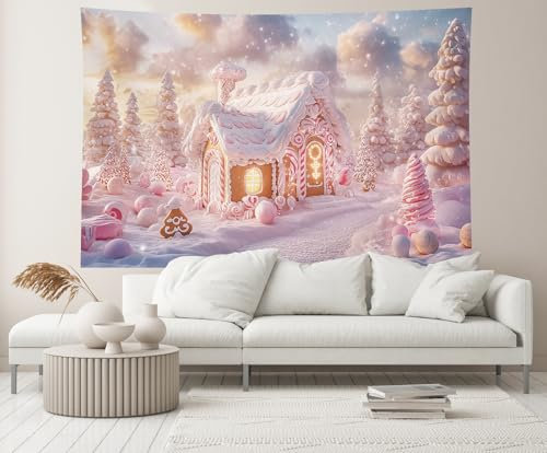 CHNYWORK 2,7 x 1,8 m rosa Weihnachtsdorf Hintergrund Weihnachtsbaum Lebkuchenhaus Süßigkeitenhaus Winter verschneite Landschaft Hintergrund Heiligabend Neujahr Kinder Geburtstag Party Dekor Portrait