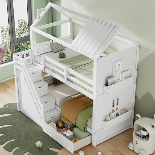 YESGIGA Lettino a castello per bambini, 90 x 200 cm, multifunzione, con scala di stoccaggio e cassetti e scaffali, molto capiente