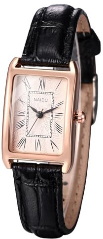 JewelryWe Damenuhr Leder Rechteckige Uhr: Vintage Analog Quarz Armbanduhr Damen Schwarz PU Lederarmband Kleine Uhr mit Römischen Ziffern Zifferblatt & Rosegold Rechteck Gehäuse