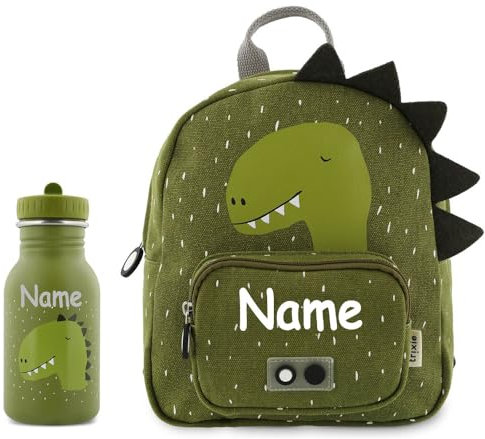 Elefantasie Personalisierter Kinderrucksack von Trixie mit Name für Kindergarten und Kita optional mit Trinkflasche Motiv Dino grün (Rucksack + 350ml Flasche)