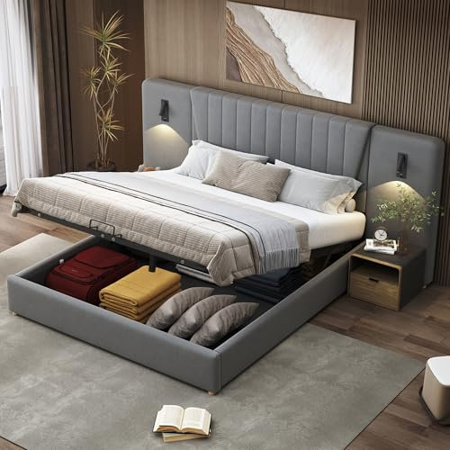 Aoskem Polsterbett Bett 180x200 cm Doppelbett mit Stauraum, Extrabreiter Kopfteil mit Leselicht & USB-Ladebuchse, Stauraumbett Bettgestell mit Lattenrost, Funktionsbett, Ohne Matratze, Samt (Grau)