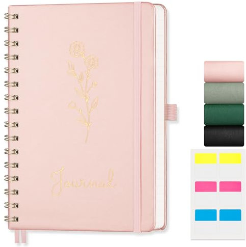 AUTEMPO A5 Notebook, Notepad Leather Hardcover Wirebound Spiral Notebooks 140 Pages for Writing, 100gsm Thick Lined Paper, for Women Men Work Office School,14.5 x 21cm, Rose Gold