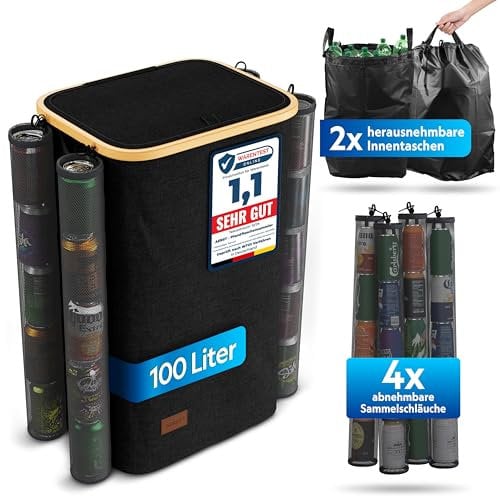 AERST® Pfandflaschen Sammelbehälter [1 Fach, 2x Tragetasche, 4x Pfanddosen Sammler] - PET Flaschen & Dosen Organizer | Zugschnur | Leergut Behälter faltbar | Recycling Flaschensammler [Schwarz]