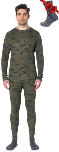 100% Merino Wool Base Layer Men Set - Thermal Underwear Mens + Hiking Socks (Medium, 250 Camo)