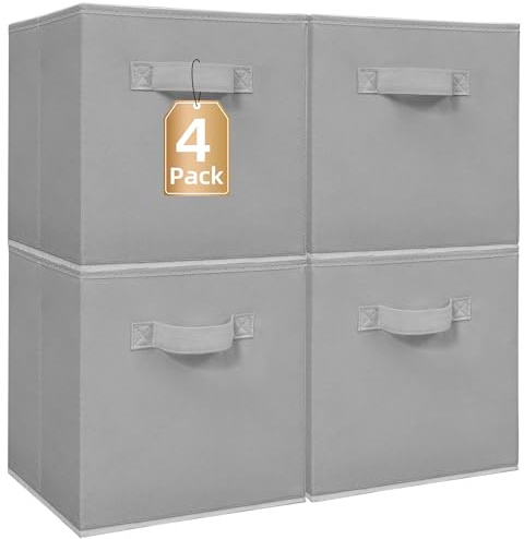 STORAGE MANIAC Fabric Storage Cubes, 4 Pack Grey, 10.5 Inch Collapsible Storage Bins with Handles, Ideal for Closet, Shelves, Offices, Toys