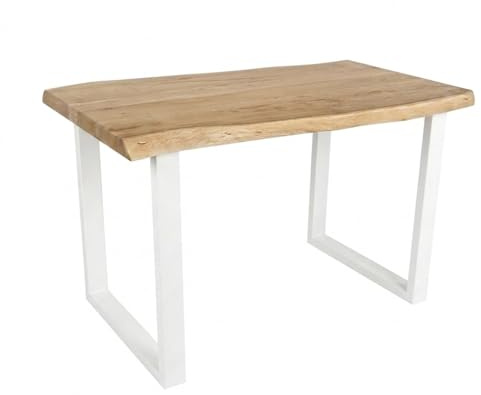 SAM Esstisch Cali 120x80 cm Akazie Eiche Baumkante U-Gestell weiß | Baumkantentisch massiv, Akazienholz Eiche-Optik, 50 mm Tischplatte, Esszimmertisch, Industrial-Design