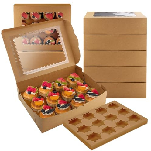 Zosenyer Tortenbox, 10 Stück Cupcake Tortenplatte mit Deckel und Großem Sichtfenster, Braun Kuchen Transportbox aus Pappe Perfekt als Transport von Cupcakes und Muffins Cookies 